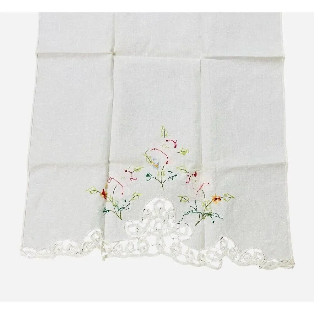 Vintage Pink Flower Linen Tea Towels Set 2 Lace Edge 22x14 Appliqué Embroidered
